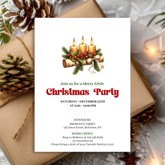 Elegant Christmas Candles Pine Wreath Design 招待状