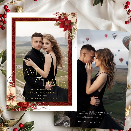 Elegant Christmas Floral Foil Save the Date 箔招待状