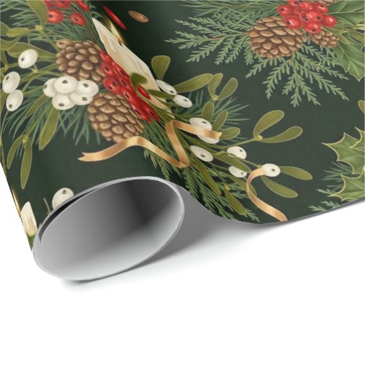 Elegant Christmas Floral Pinecone Pattern ラッピングペーパー (ロールコーナー)