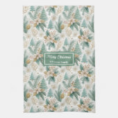 Elegant Christmas Floral Towel Pastel Sage Gold  キッチンタオル (縦)