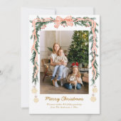 Elegant Christmas Greenery & Coquette Bow 1 Photo シーズンカード (正面)