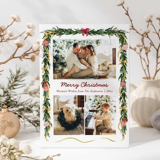 Elegant Christmas Greenery Garland & Bows 3 Photo シーズンカード