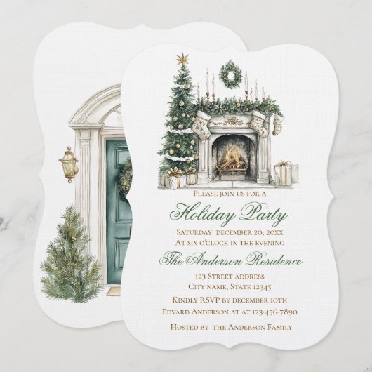Elegant Christmas Holiday Invitation Fireplace 招待状 (正面/裏面)