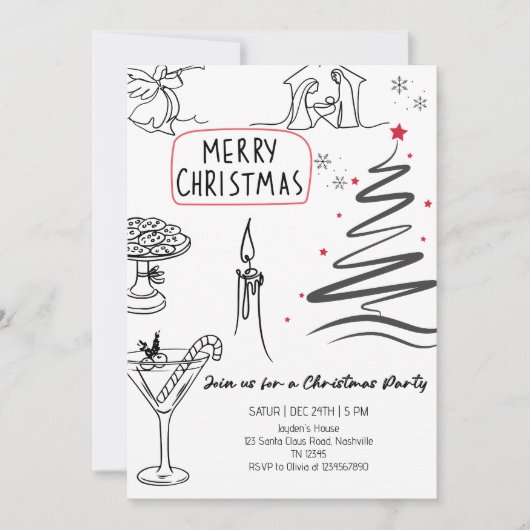 Elegant Christmas Line Art Party  招待状 (正面)