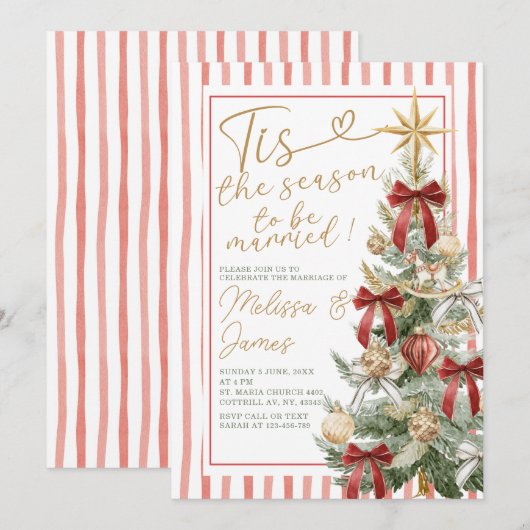 Elegant Christmas Marriage Red & Gold 招待状 (正面/裏面)