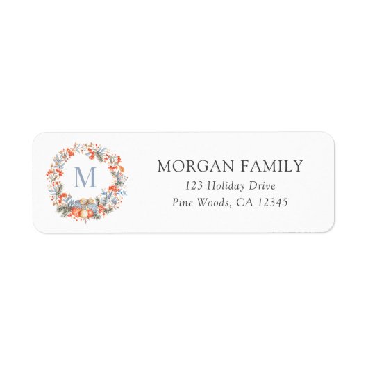 Elegant Christmas Monogram Wreath Return Address ラベル (正面)