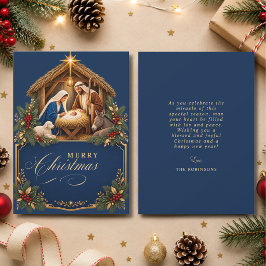 Elegant Christmas Nativity Scene Blue Gold シーズンカード