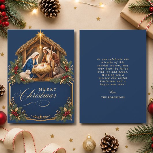 Elegant Christmas Nativity Scene Blue Gold シーズンカード