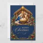 Elegant Christmas Nativity Scene Blue Gold シーズンカード (正面)