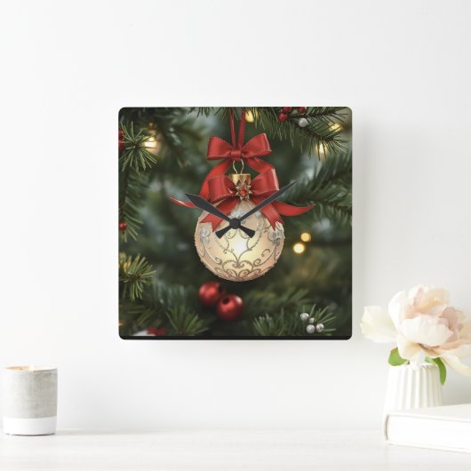Elegant Christmas Ornament Collection with Red Bow スクエア壁時計 (ホーム)