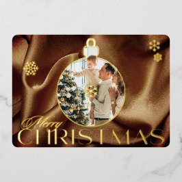 Elegant Christmas Ornament Photo Brown Satin Gold  箔シーズンカード