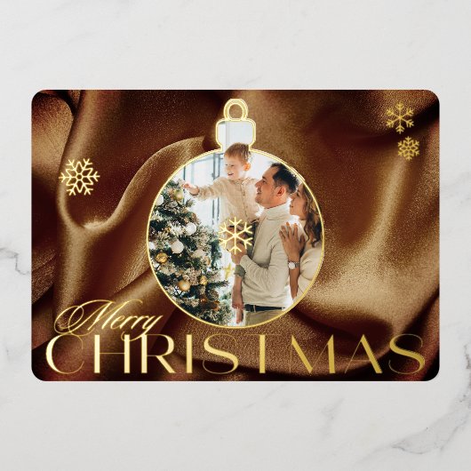 Elegant Christmas Ornament Photo Brown Satin Gold 箔シーズンカード (正面)