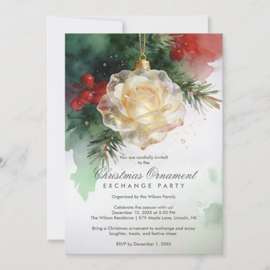 Elegant Christmas Ornament Shaped Like a Rose 招待状 (正面)