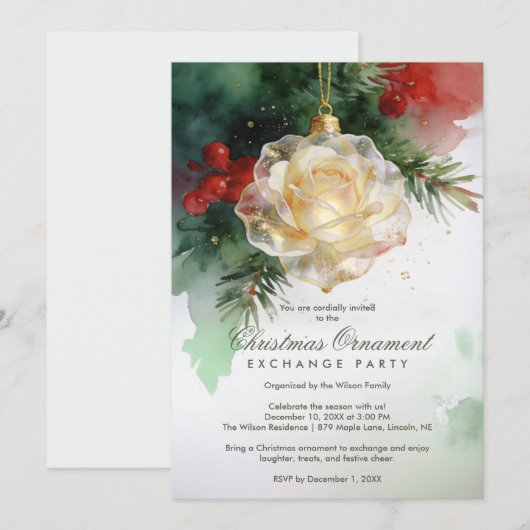 Elegant Christmas Ornament Shaped Like a Rose 招待状 (正面/裏面)