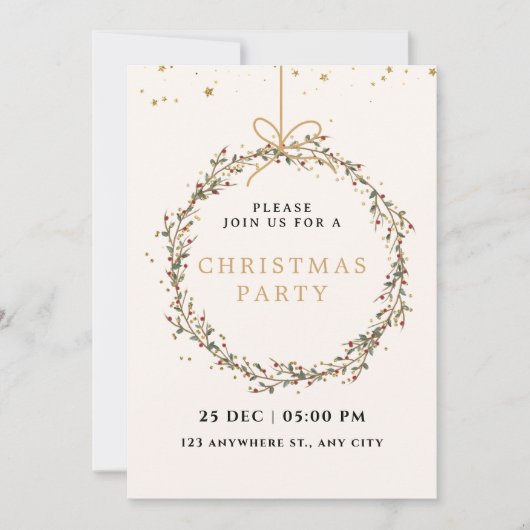 Elegant Christmas Party Invitation with Wreath 招待状 (正面)