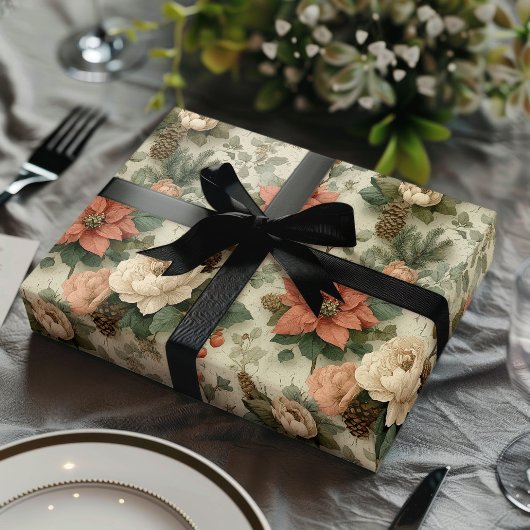 Elegant Christmas Peach and Cream Floral Gift ラッピングペーパーシート