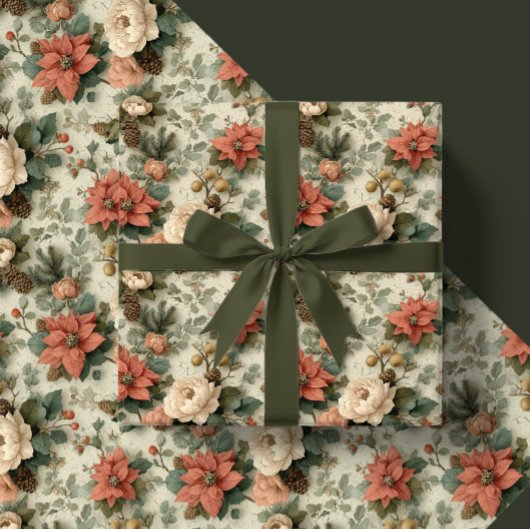 Elegant Christmas Peach and Cream Floral Gift ラッピングペーパー