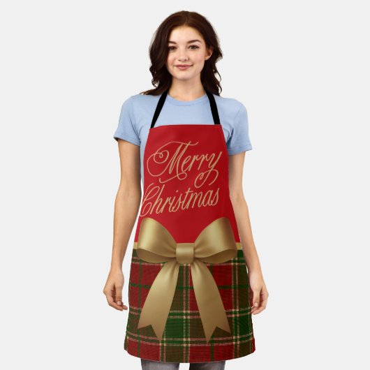 Elegant Christmas Plaid Collection with Gold Bow エプロン (着用した状態)