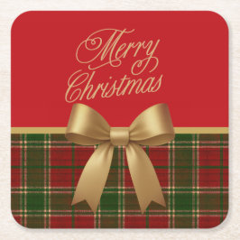 Elegant Christmas Plaid Collection with Gold Bow スクエアペーパーコースター