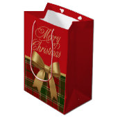 Elegant Christmas Plaid Gift Bag with Gold Bow ミディアムペーパーバッグ (正面アングル)