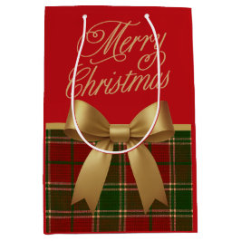 Elegant Christmas Plaid Gift Bag with Gold Bow ミディアムペーパーバッグ