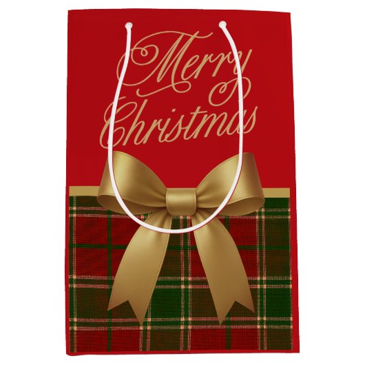 Elegant Christmas Plaid Gift Bag with Gold Bow ミディアムペーパーバッグ (正面)