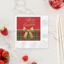 Elegant Christmas Plaid Napkin with Gold Bow 縁ありカクテルナプキン