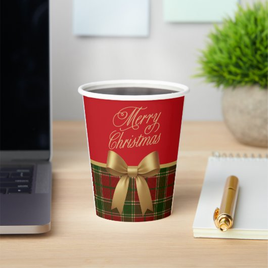 Elegant Christmas Plaid Paper Cup with Gold Bow 紙コップ (インサイチュ)