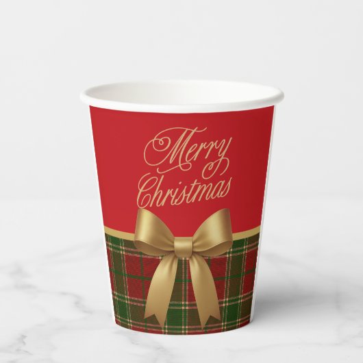 Elegant Christmas Plaid Paper Cup with Gold Bow 紙コップ (裏面)