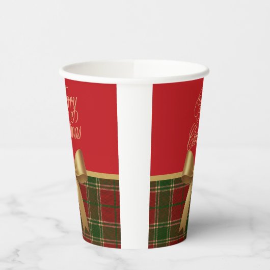 Elegant Christmas Plaid Paper Cup with Gold Bow 紙コップ (左)