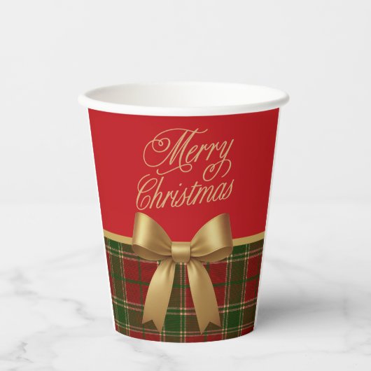 Elegant Christmas Plaid Paper Cup with Gold Bow 紙コップ (正面)