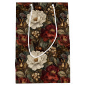 Elegant Christmas Red and Winter White Floral ミディアムペーパーバッグ (正面)