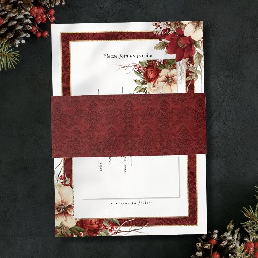Elegant Christmas Red Damask 招待状ベリーバンド
