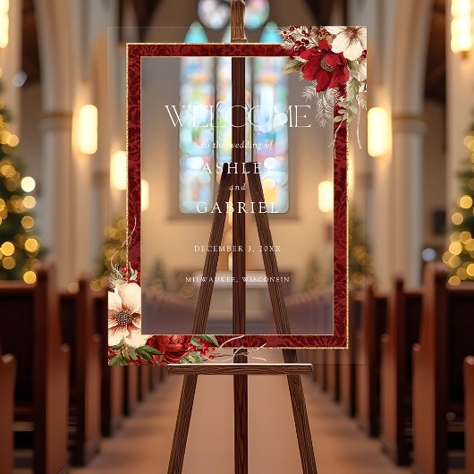 Elegant Christmas Red Damask Floral アクリルサイン