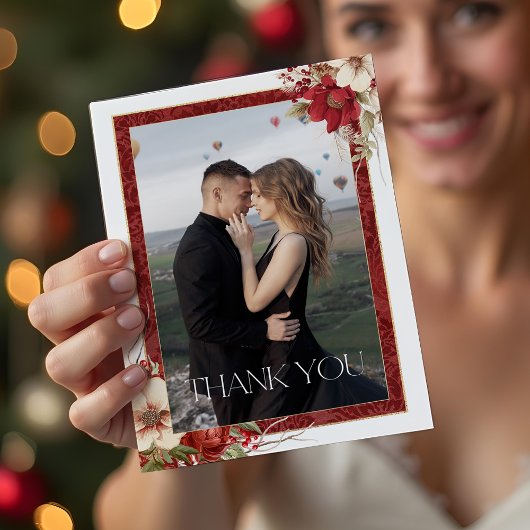 Elegant Christmas Red Damask Floral サンキューカード