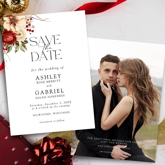 Elegant Christmas Red Damask Floral セーブザデート