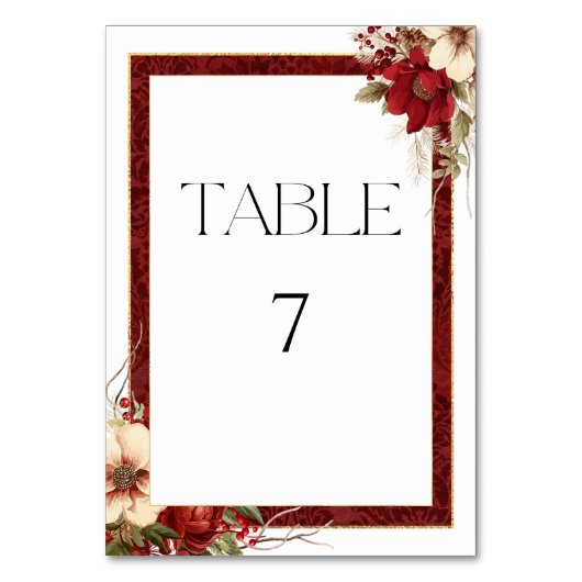 Elegant Christmas Red Damask Floral テーブルナンバー (正面)