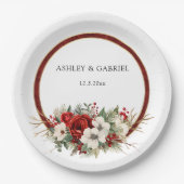 Elegant Christmas Red Damask Floral ペーパープレート (正面)