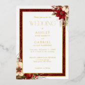 Elegant Christmas Red Damask Floral 箔招待状 (正面)