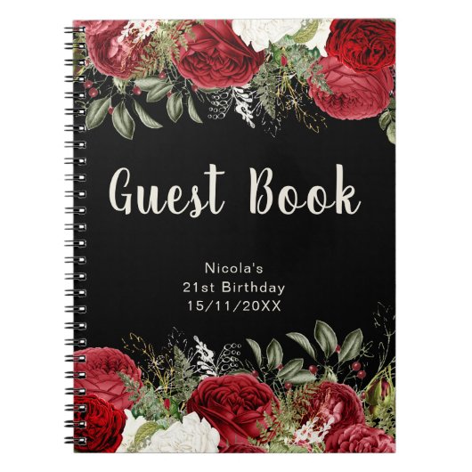 Elegant Christmas Red Flowers Birthday Guest Book ノートブック (正面)