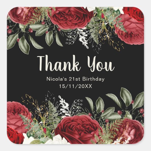 Elegant Christmas Red Flowers Birthday Party スクエアシール (正面)