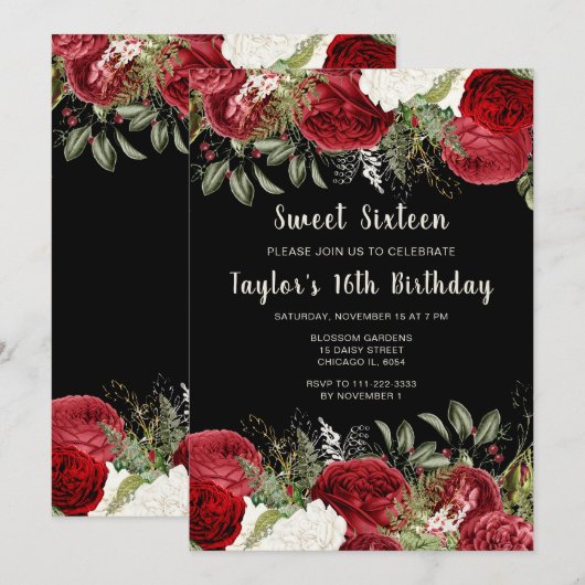 Elegant Christmas Red Flowers Sweet Sixteen 招待状 (正面/裏面)