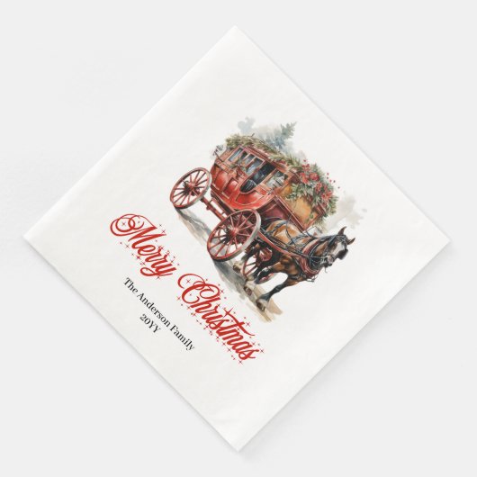 Elegant Christmas scene napkin red green lettering (コーナー)