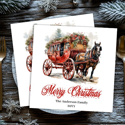 Elegant Christmas scene napkin red green lettering