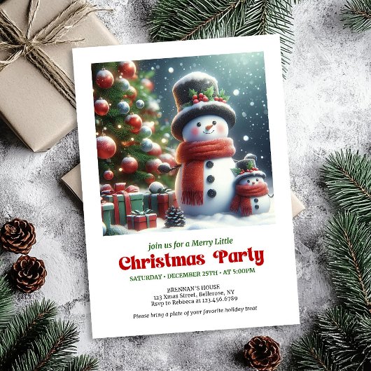 Elegant Christmas snowman invite kids editable 招待状