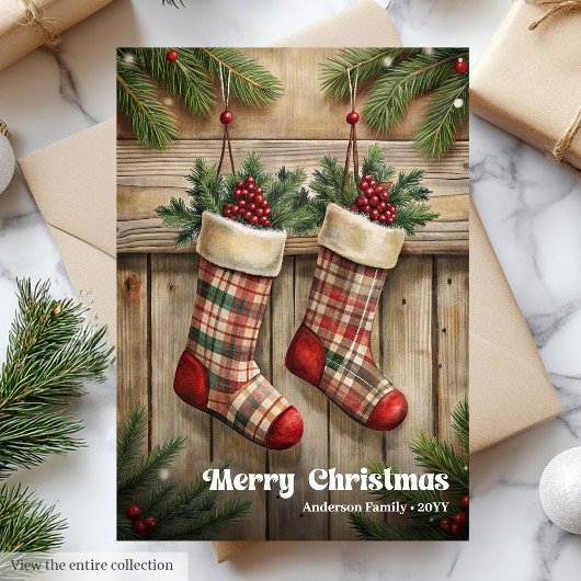 Elegant Christmas stocking rustic holly berries シーズンカード