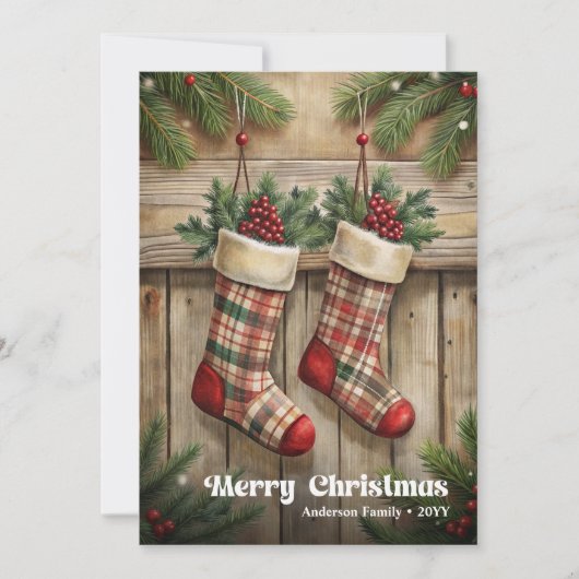 Elegant Christmas stocking rustic holly berries シーズンカード (正面)