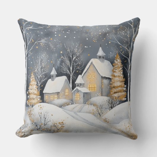 Elegant Christmas Throw Pillow – White and Gold クッション (正面)
