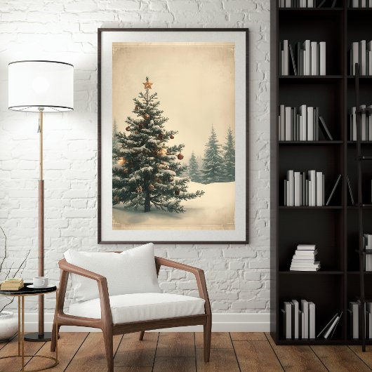 Elegant Christmas Tree Amidst Snowy Landscape ポスター