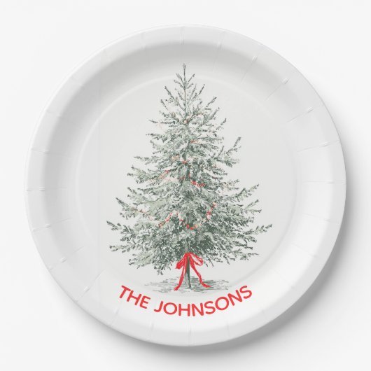 Elegant Christmas Tree & Custom Name Paper Plates ペーパープレート (正面)